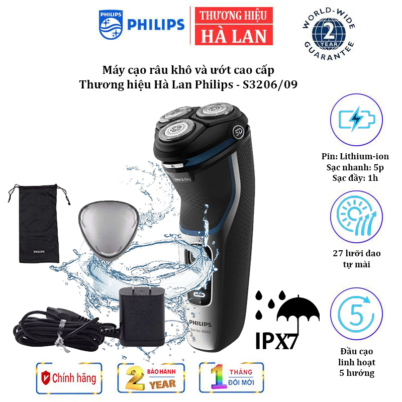Máy cạo râu khô và ướt 5d pivot và flex head philips s3206/09, series 3000, bảo hành 24 tháng, cạo râu, tỉa tóc mai, ria mép