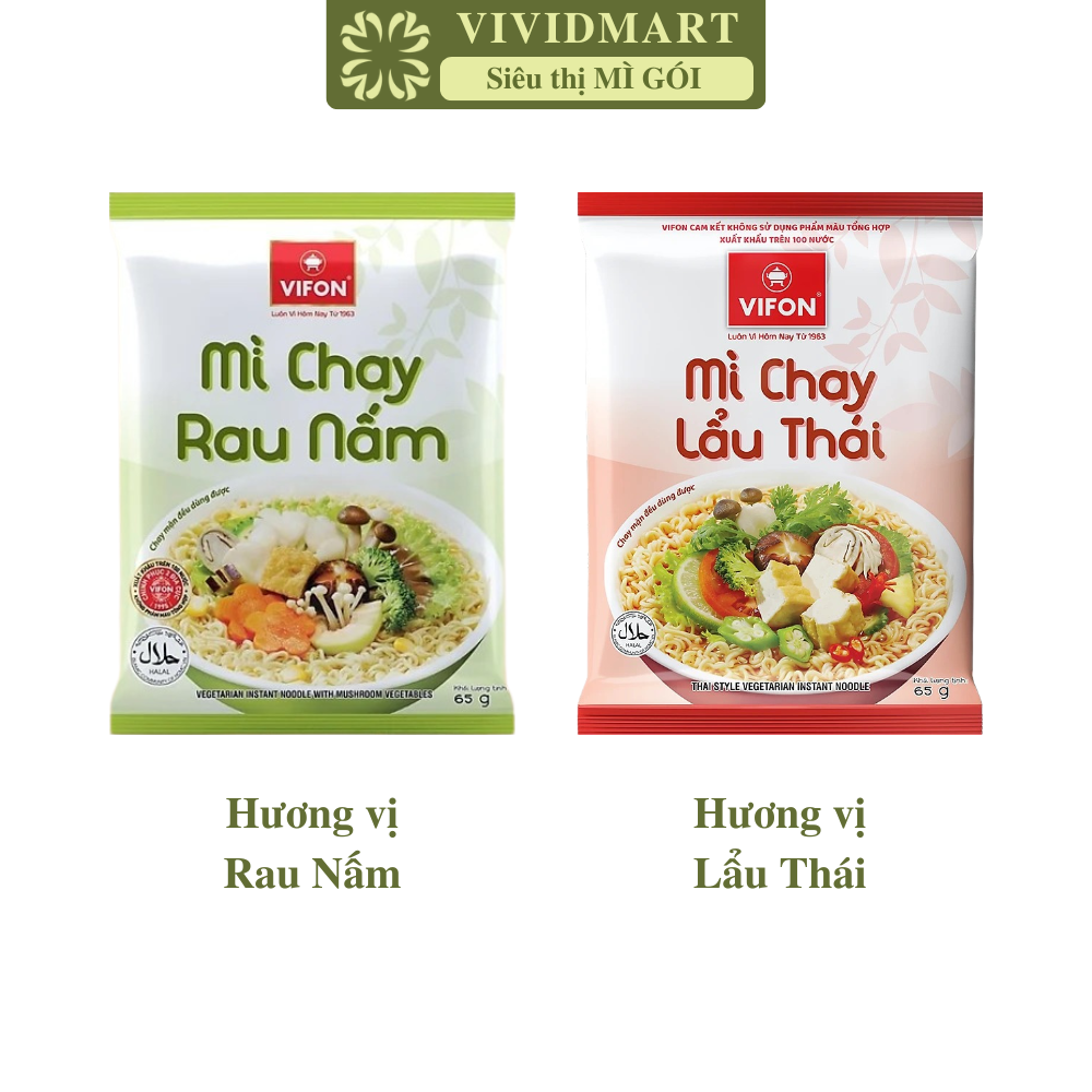 [GÓI LẺ] - VIFON - Mì Vifon chay 2 vị: Rau Nấm, Lẩu Thái (65g/gói) - Mì chay ăn liền Vifon, Mì Vifon healthy, Mì gói chay