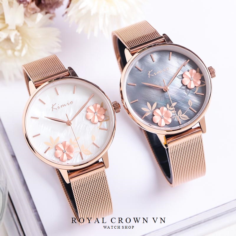 Đồng hồ nữ Kimio 6381 mặt tròn hoạ tiết hoa nổi 3D thời trang dây thép chống nước