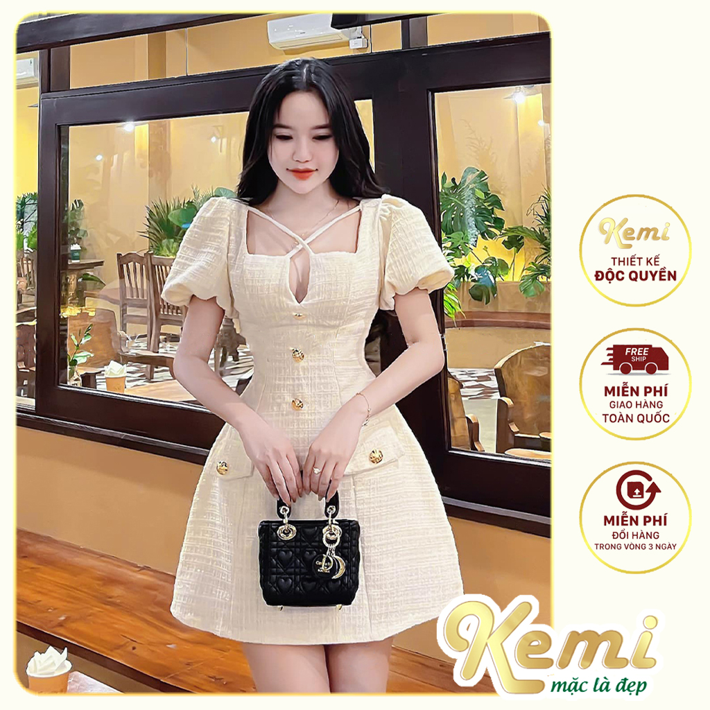 Váy cổ tay bồng Dạ Tweed dáng xòe bồng điểm cúc đá đầm dự tiệc sinh nhật dạ hội Kemi thiết kế