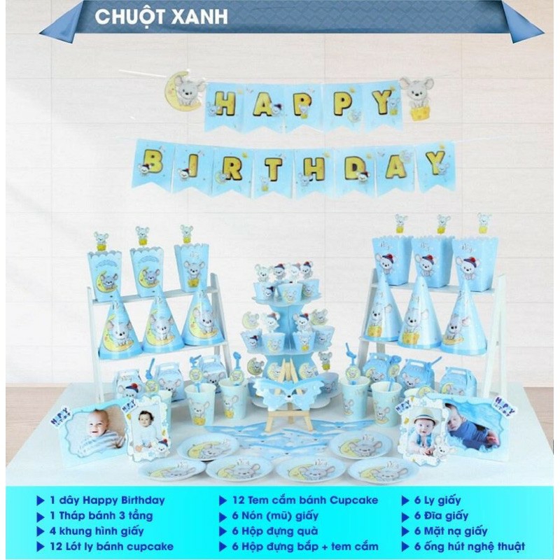 Set phụ kiện giấy để bàn tiệc sinh Nhật cho bé yêu 62 món- Sét phụ kiện trang trí sinh nhật loại lớn