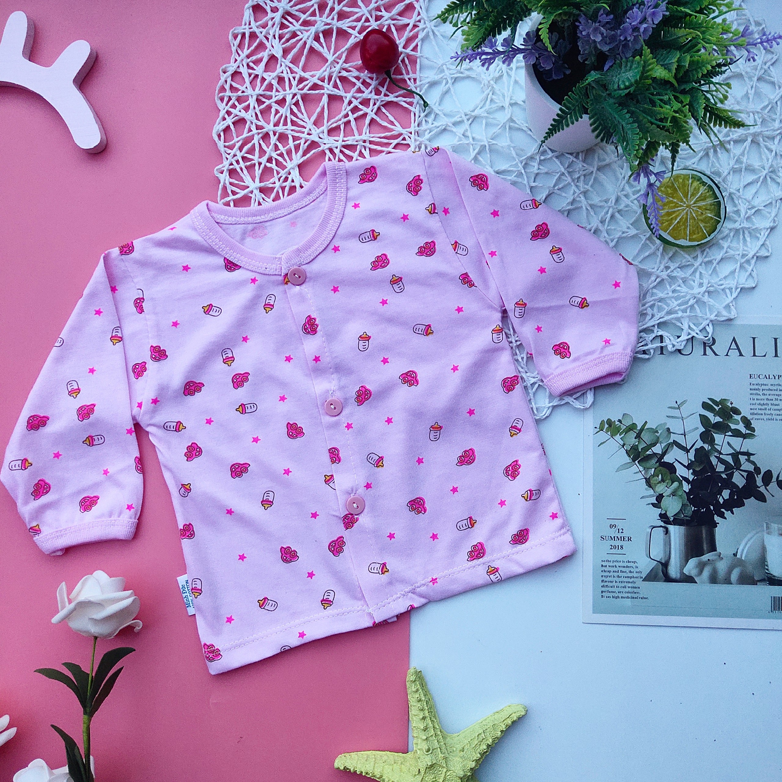 Áo dài tay sơ sinh cúc giữa họa tiết bình sữa / Áo sơ sinh cho bé gái, bé trai 3-10kg
