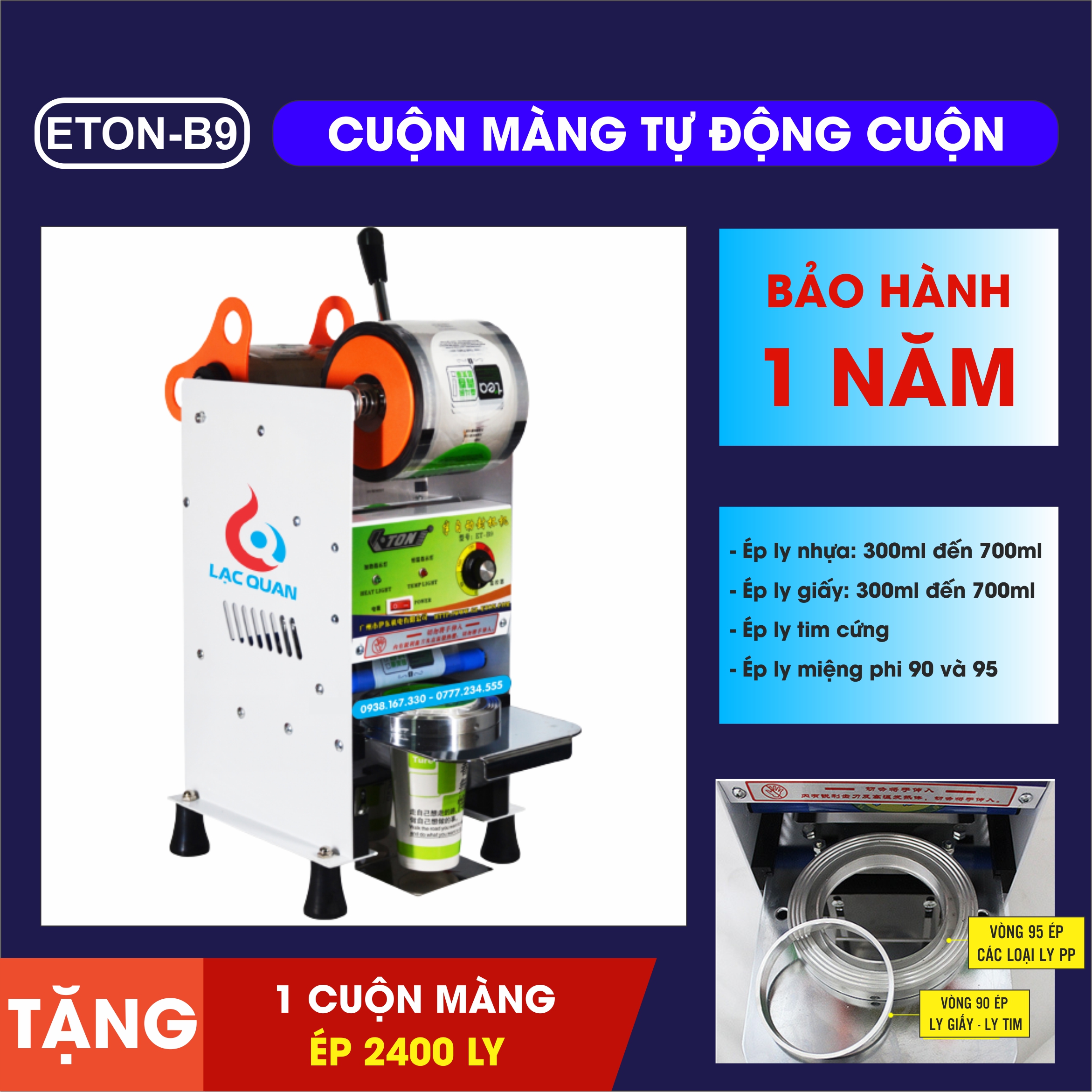 Máy dập cốc trà sữa ETON B9, máy ép ly nhựa tự động cuộn màng, ép dập được tất cả các loại ly PP, ly giấy từ 300ml đến 700ml