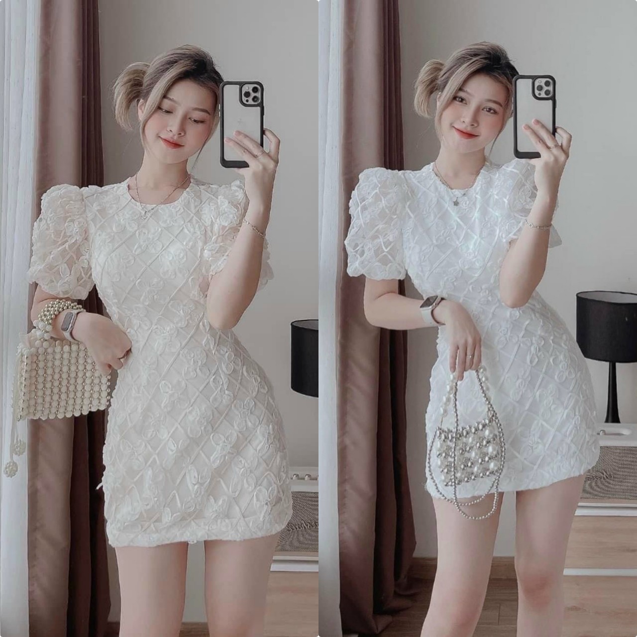 Váy đầm nữ tay phồng cổ tròn thiết kế kiểu hở lưng dây cột nơ eo cực xinh