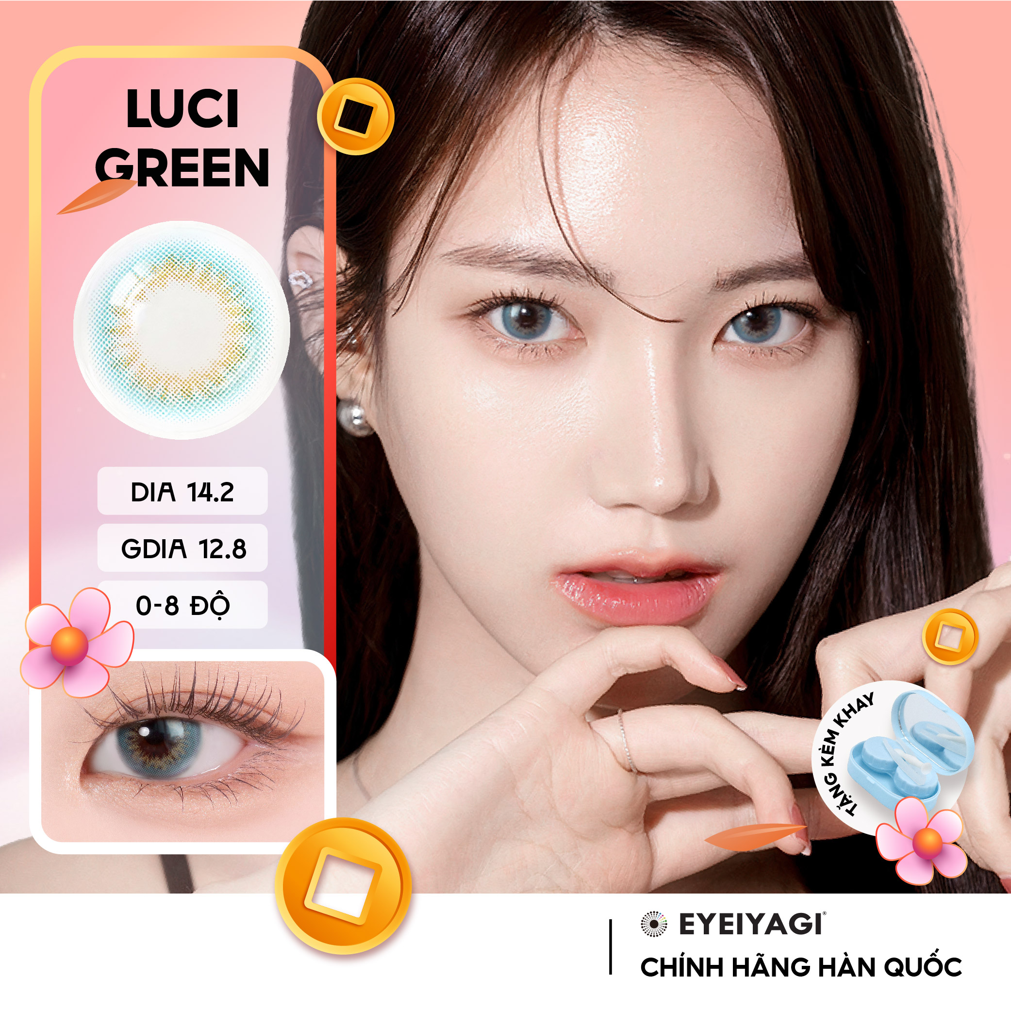 Kính áp tròng EYEIYAGI lens xanh ngọc Luci Green cận 3 tháng độ cận 0-8 DIA 14.2mm | Lens chính hãng Hàn Quốc