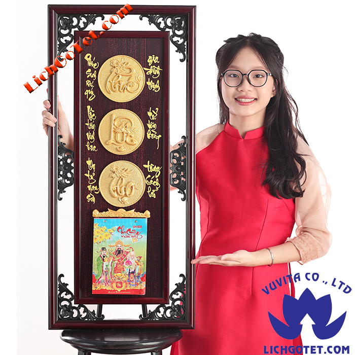 Lịch gỗ phù điêu phúc lộc thọ đồng tiền k2