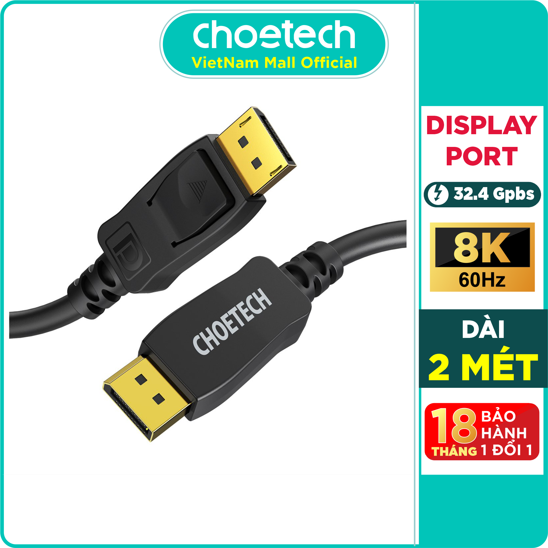 Dây Cáp HDMI Displayport 1.2 8K 60Hz 32.4Gbps Dài 2M CHOETECH XDD01 Dùng Cho Tivi/Laptop/Playstaysion/PC - Hàng Chính Hãng