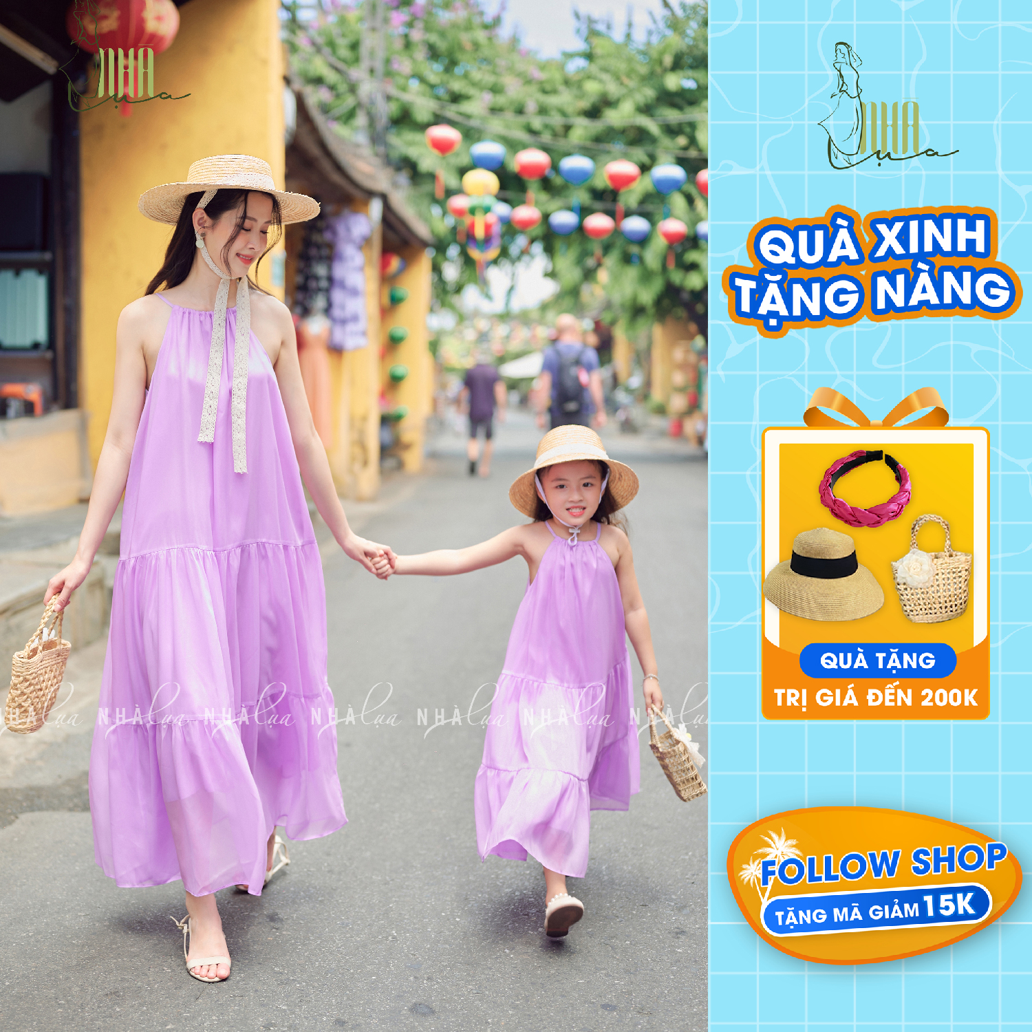 Váy đôi maxi mẹ và bé gái đi biển vải tơ ngọc trai, Đầm maxi nữ đi biển đồ đôi mẹ con dáng dài cổ yếm Nhà Lụa