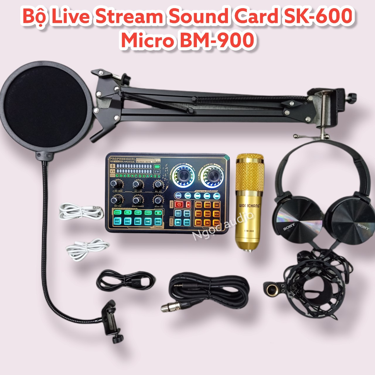 Trọn Bộ Hát Live stream Sound card K600 Bluetooth Auto tune và Mic BM 900- đầy đủ phụ kiện kẹp bàn ,màng lọc âm ,tai phone