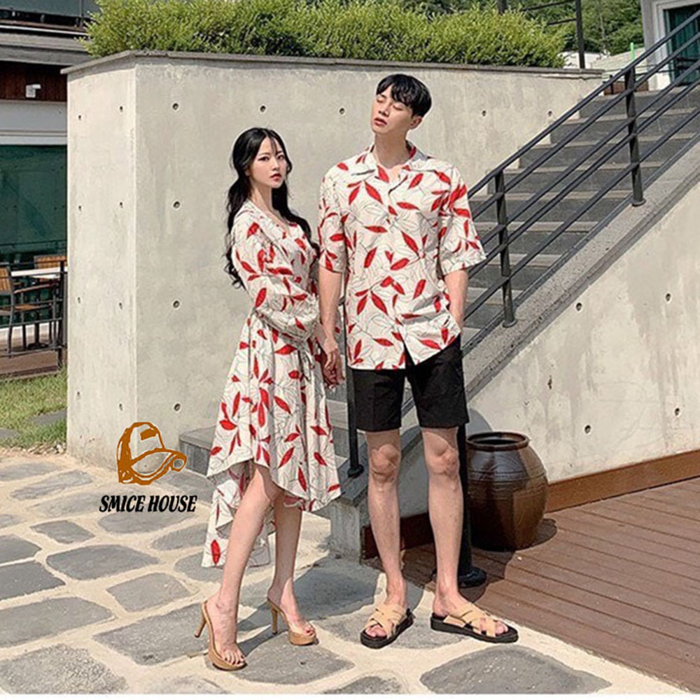 SET ÁO VÁY SƠ MI ĐÔI CHỤP ẢNH CƯỚI ÁO SƠ MI ĐẦM ĐUÔI CÁ DÀI HỌA TIẾT HOA LÁ ĐI BIỂN