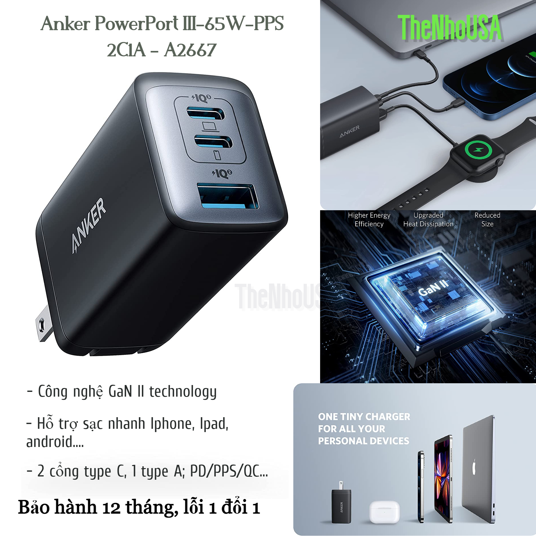 Củ sạc nhanh Anker PowerPort III 3-Port 65W GaN II - A2667 - 2C1A- PD/PPS/QC 65w [BH 12T]