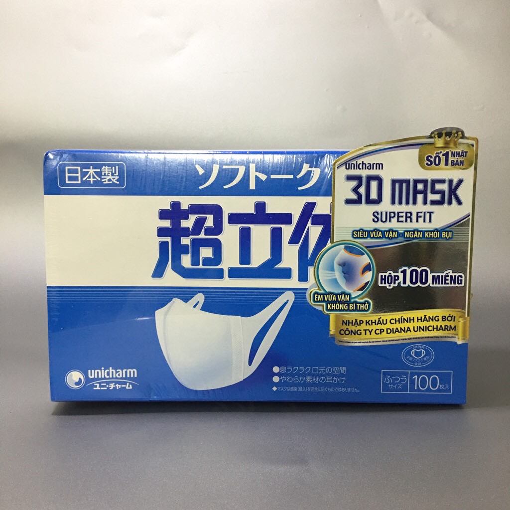 Hộp 100 cái khẩu trang Unicharm 3D Mask super fit ngăn khói bụi
