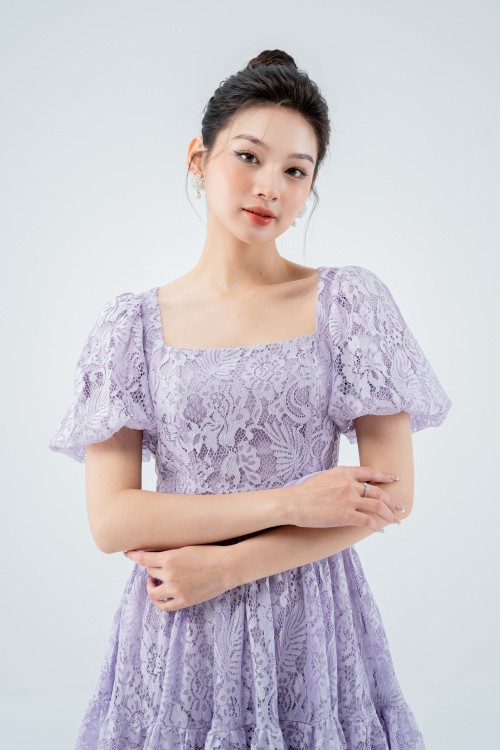 Đầm ren tím tay phồng thanh lịch SIXDO
