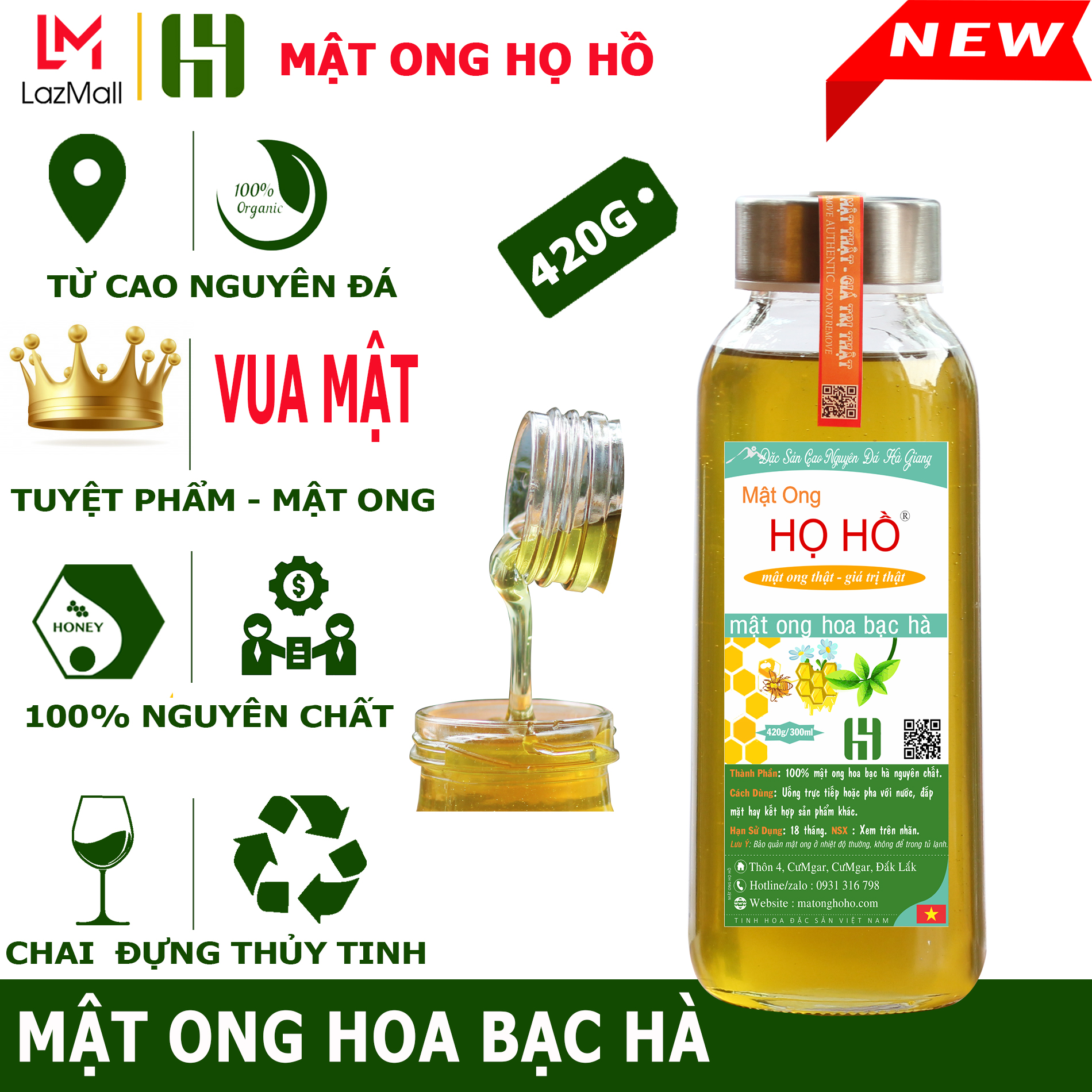 Hũ 420g/300ml mật ong hoa Bạc Hà nguyên chất đặc sản cao nguyên Hà Giang - hũ thủy tinh  mật ong Họ Hồ - cam kết mật tư nhiên nguyên chất - mật thật giá trị thật - honey - mật ong bạc hà - mat ong new