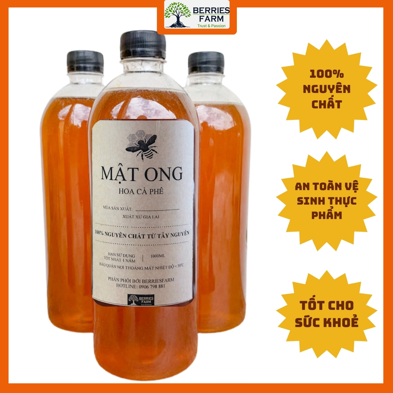Mật Ong Hoa Cà Phê Gia Lai Nguyên Chất chứa nhiều dinh dưỡng tốt tự nhiên 1000ML nuôi rẫy bằng phấn hoa | Berries Farm
