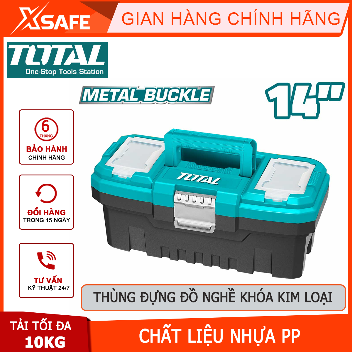 Hộp đựng đồ nghề TOTAL TPBX0142 thùng đồ nghề khóa kim loại tủ chất liệu nhựa PP, trọng lượng: 740g kích thước 356160mm chống va đập, nhiều ngăn tiện lợi