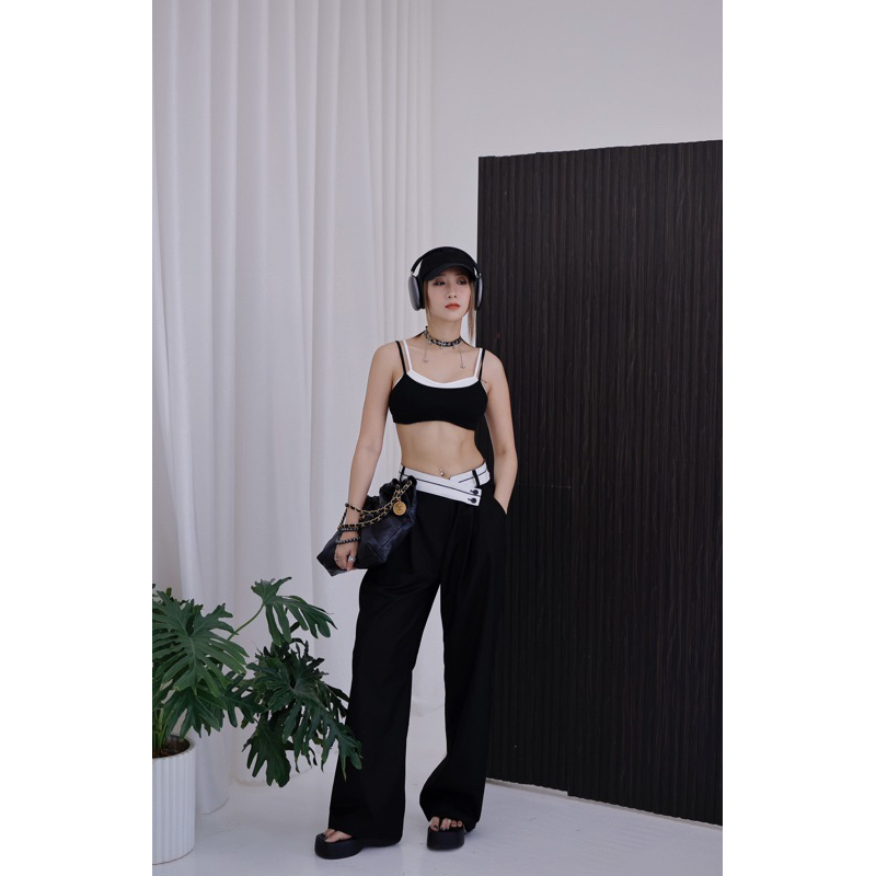 Set áo bra phối đen trắng quần ống suông phối cạp trắng Choose Me KLP