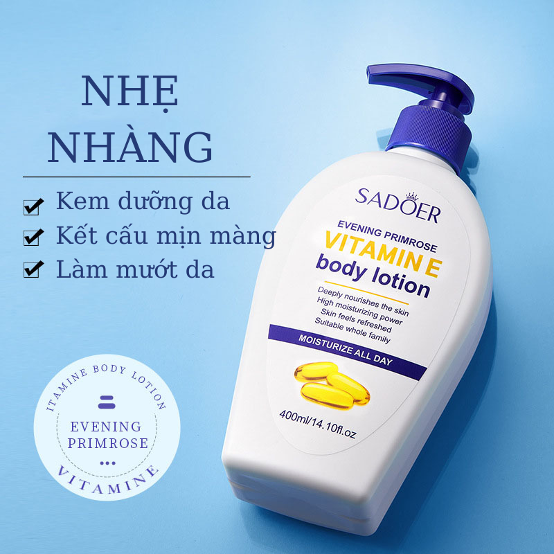 Dưỡng Thể Body Lotion Vitamin E Hoa Anh Thảo Ban Đêm SADOER Làm Mềm Mịn Da, Giảm Thiểu Khô Ráp, Nứt Nẻ, Bong Tróc, Duy Trì Độ Đàn Hồi Da