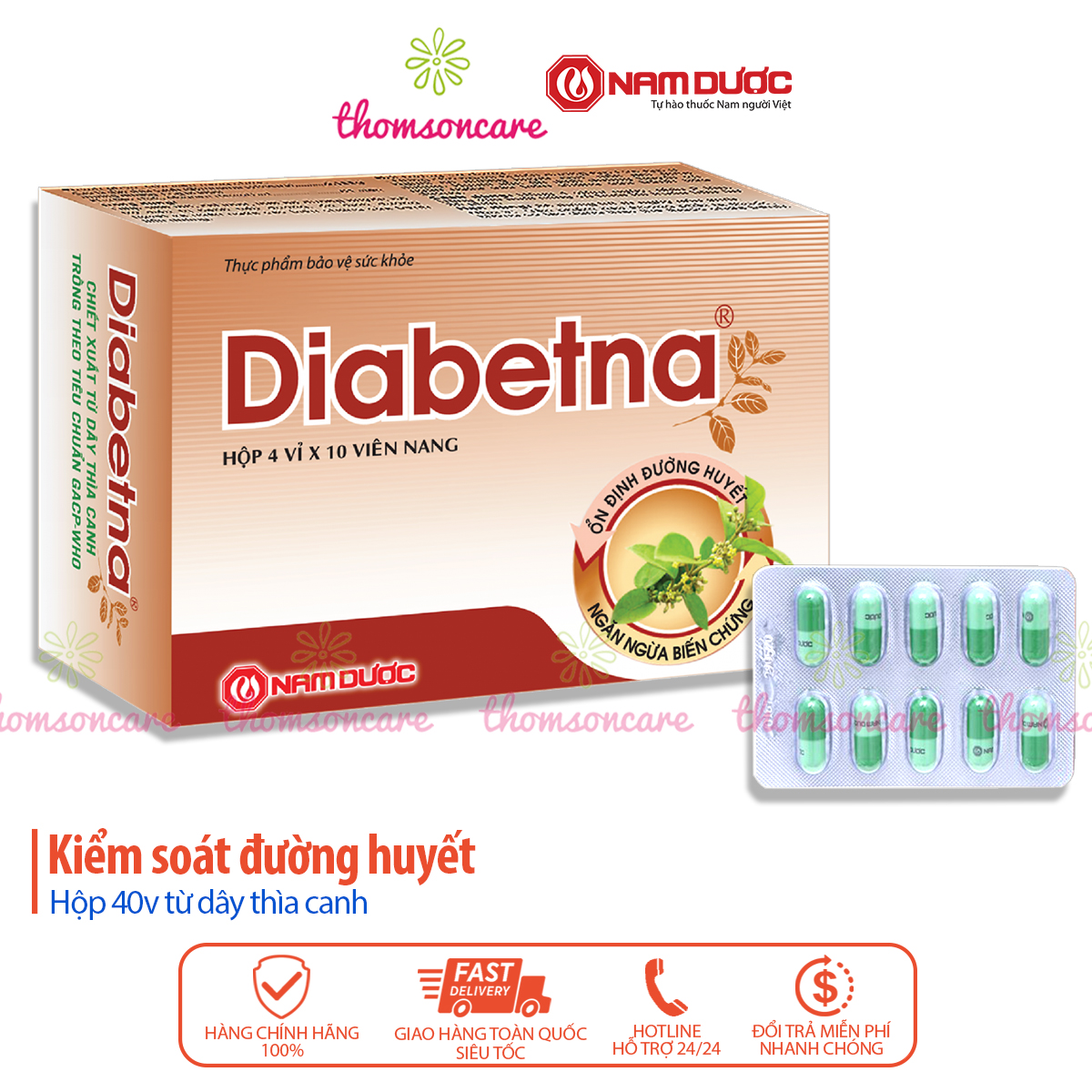 Diabetna hỗ trợ Ổn định đường huyết từ dây thìa canh - Hộp 40 viên của Nam Dược, giảm tiểu đường