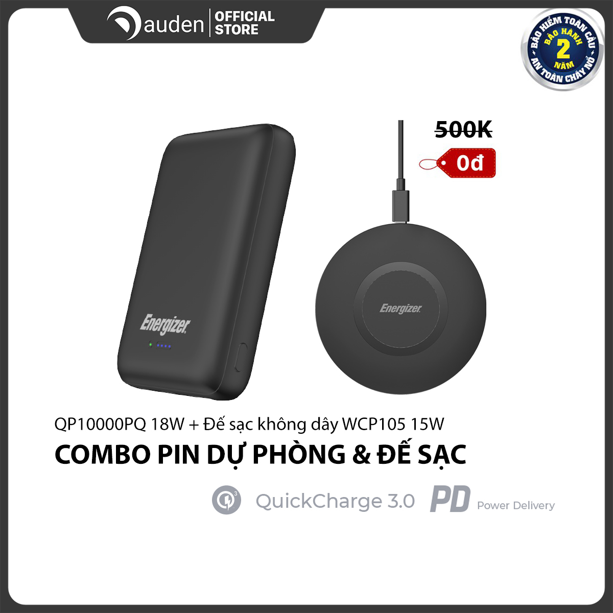 Combo Pin sạc dự phòng QP10000PQ + Đế sạc không dây WCP105 Energizer - Dâu Đen Store