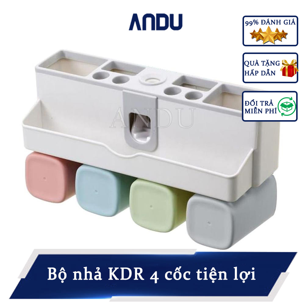 Bộ nhả kem đánh răng tự động lúa mạch 4 cốc, kệ để bàn chải đánh răng