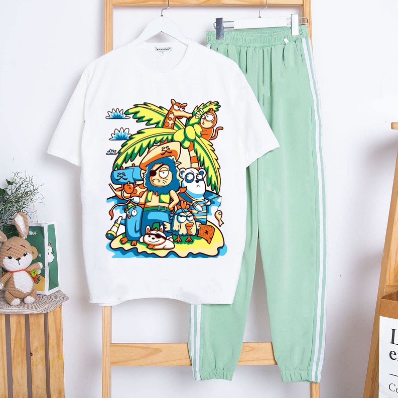 Sét Bộ Đồ Thời Trang Quần Áo Ulzzang Nam Nữ Mặc Đi Chơi Dễ Thương - Cá Tính In Nhiều Thú Hoạt Hình Mix Quần Phong Cách