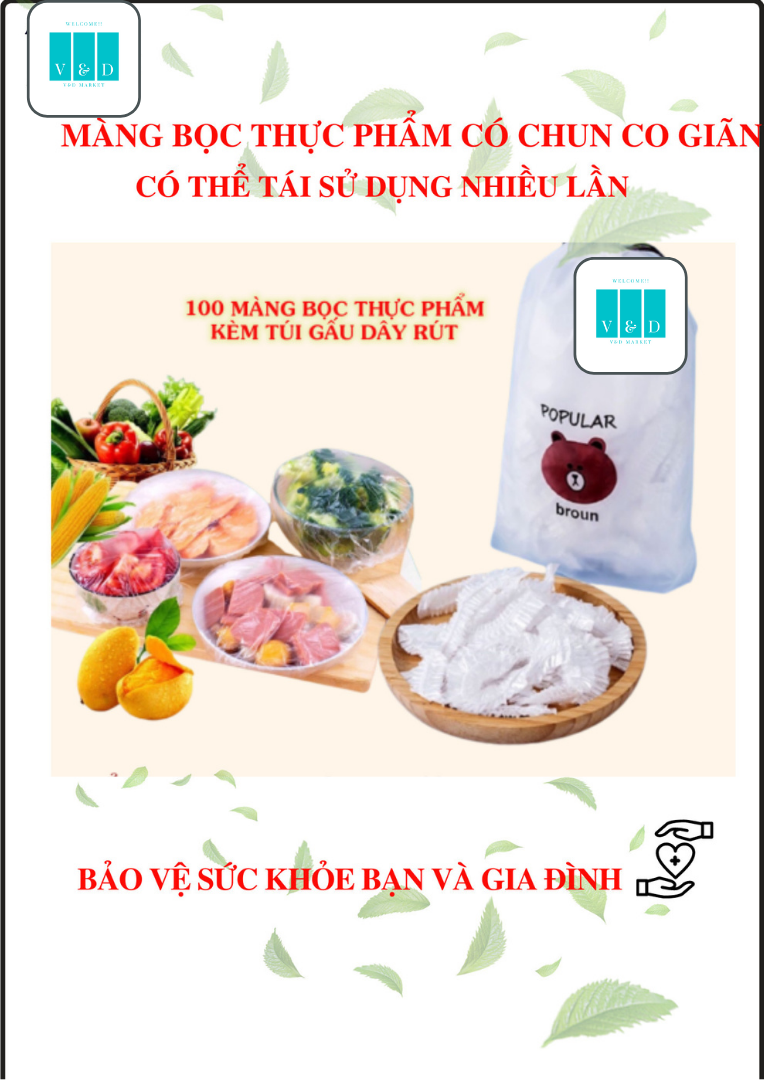Màng bọc thực phẩm có chun siêu co giãn, set 100 chiếc màng bọc thực phẩm đa năng túi gấu