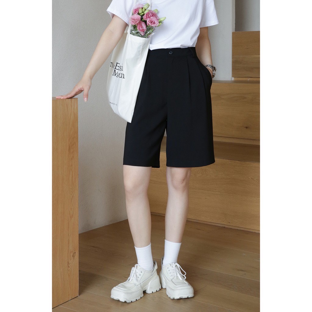 Quần đùi, quần ngố đùi ống rộng chất tuyết mưa thiết kế xếp ly khóa cúc trước mẫu mới 2021 cho hè tươi mát