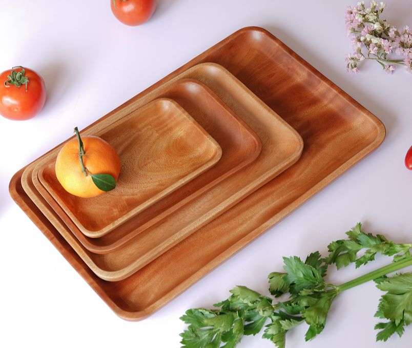 Khay gỗ hình chữ nhật / Khay gỗ đựng đồ ăn / Khay gỗ đựng trà nguyên khối - Hàng xuất khẩu - Bền, đẹp, thân thiện - kích thước nhỏ (D19.5cm), trung (D25,D30cm), đại (D40cm)
