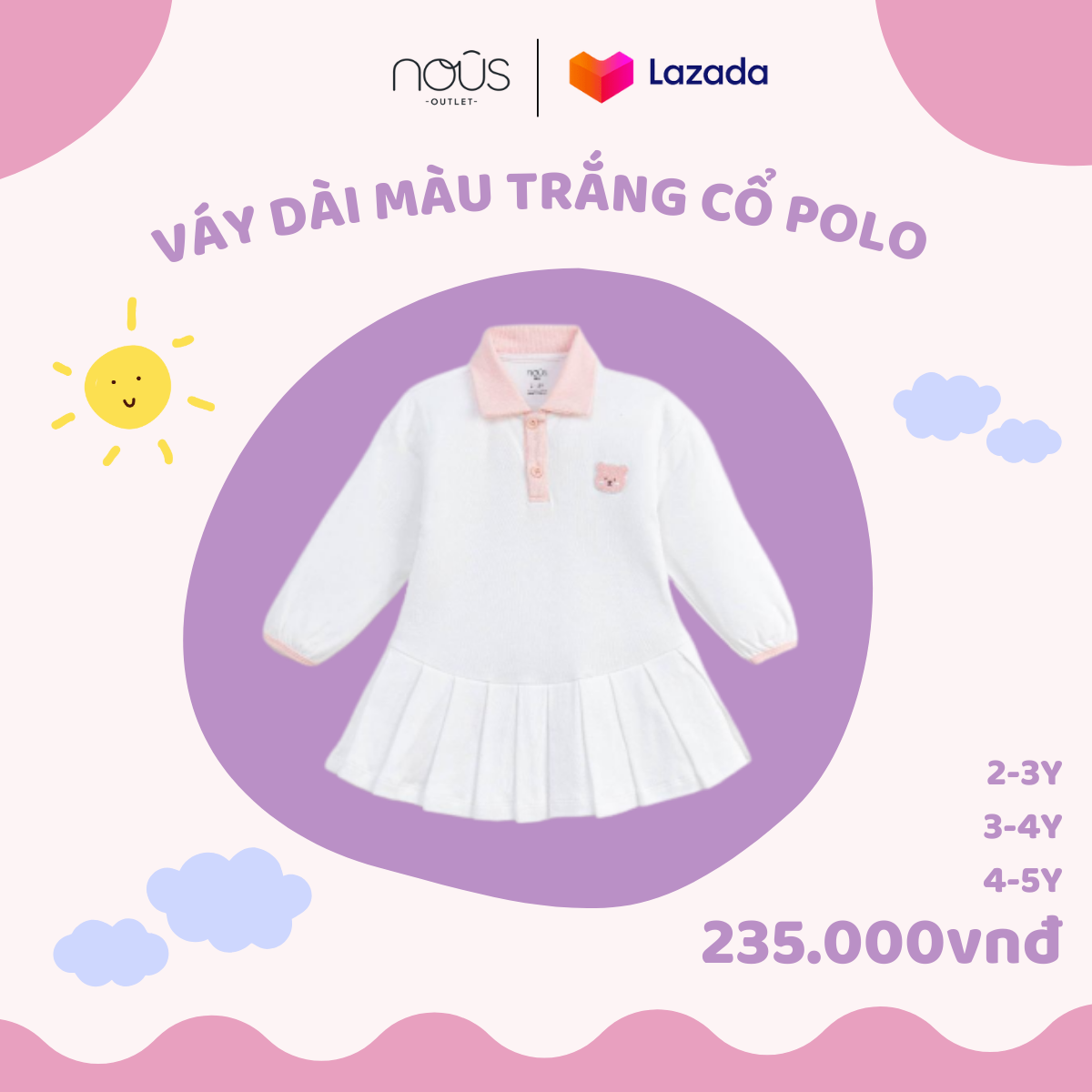 Váy dài Nous màu trắng cổ polo xếp ly dễ thương cho bé gái