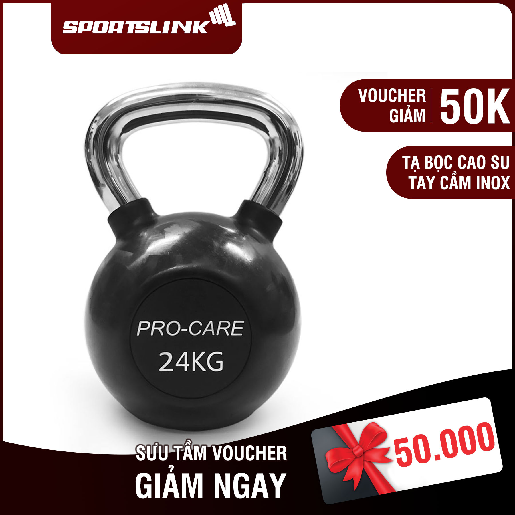Procare 24kg Black Rubber Kettlebell with Chrome Handle