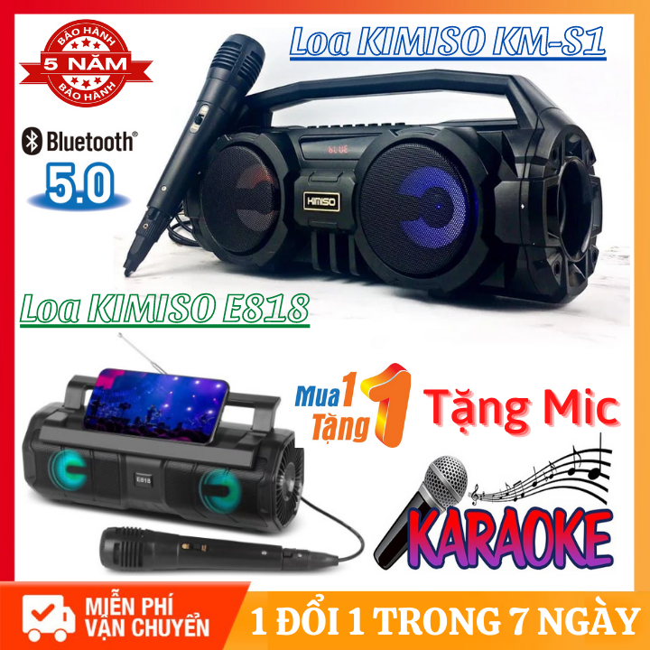 Loa Bluetooth Karaoke KIMISO KM-S1 Và KIMISO E818 - Tặng Kèm Mic Hát Karaoke Có Dây - Bass Mạnh Mẽ - Pin Trâu - Có Đèn LED Nhấp Nháy Theo Nhạc - Nghe Đài FM