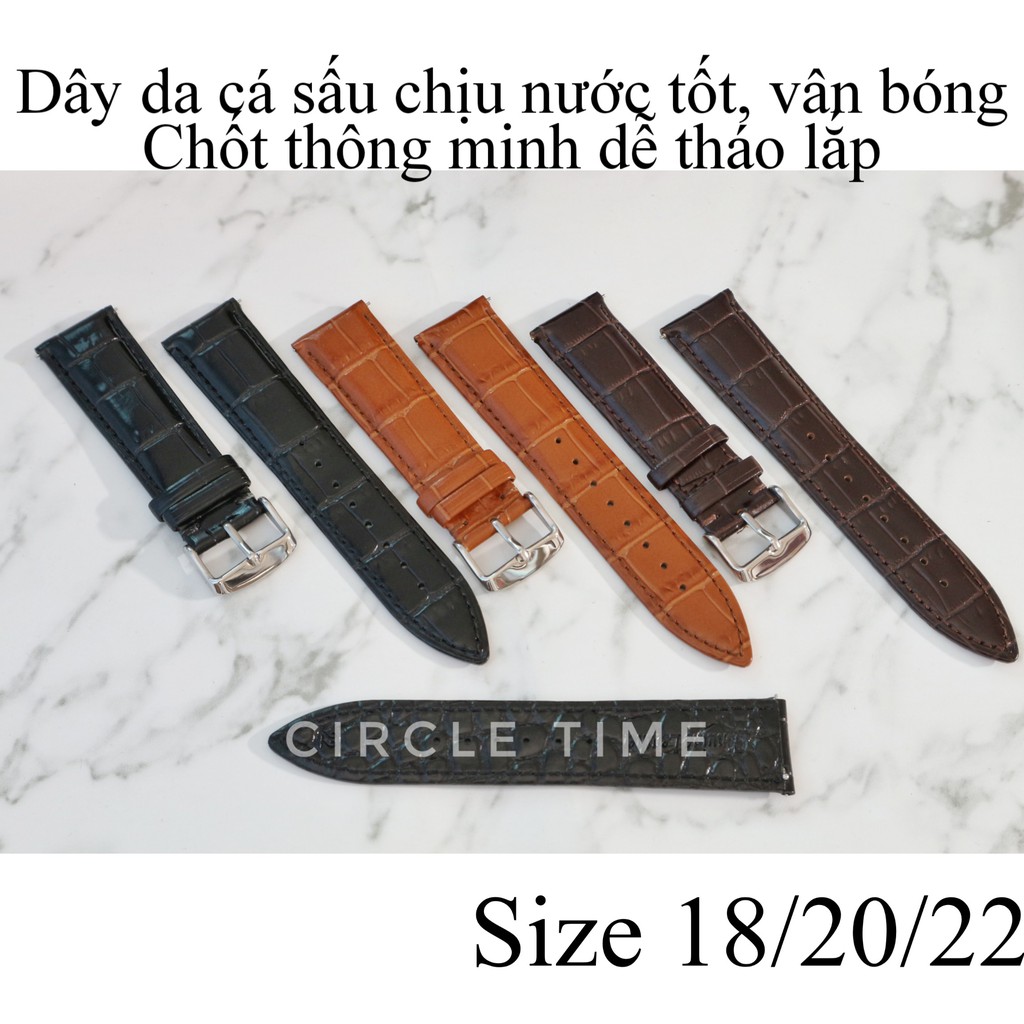Dây đồng hồ da cá sấu vân bóng size 18/20/22 chốt thông minh