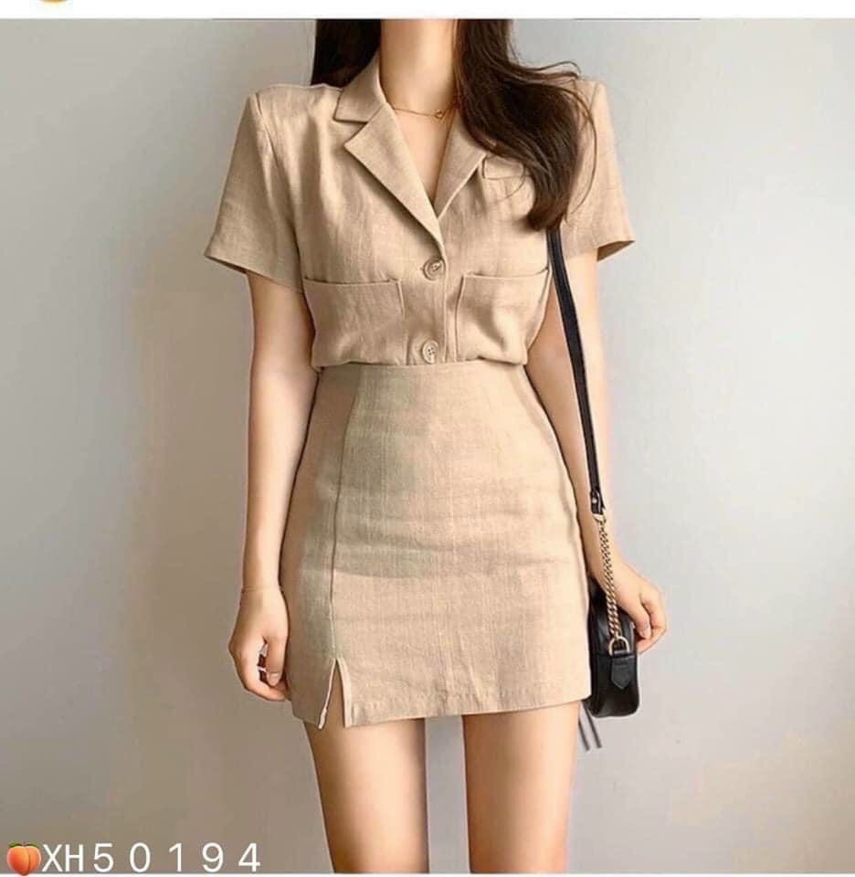 [HCM]sét bộ đũi nhật áo tay ngắn cổ sơ mi phối chân váy ôm siêu đẹp m46
