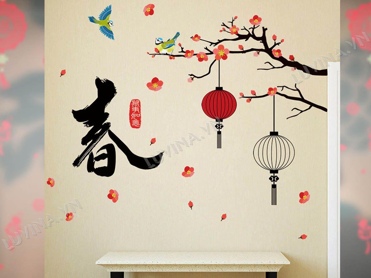 Decal LUVINA trang trí tết- cành đào treo lồng đèn trắng đỏ