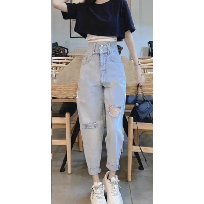 QUẦN BAGGY JEAN NỮ LƯNG CAO (SIZE: S, M, L, XL) LƯNG XẺ NỬA ĐĨA CHÉO RÁCH 2 GỐI TO SIÊU HOT HIT MAU XANH SIÊU PHONG CÁCH PINKY79SHOP J29