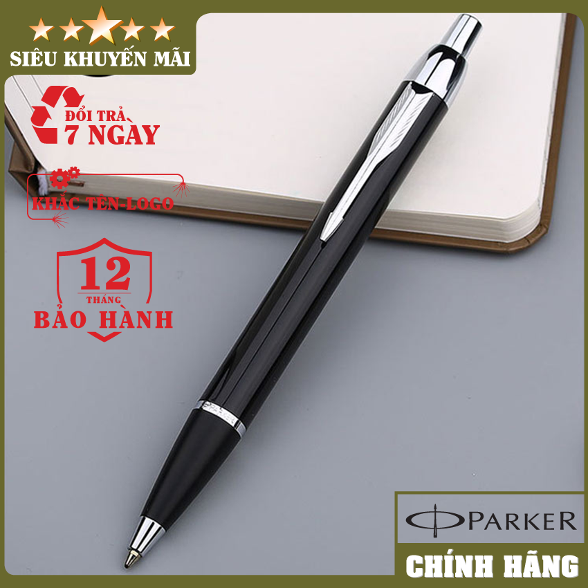 Bút ký bi bấm cao cấp_bút ký bi bấm kim loại cao cấp parker im black cài trắng_bút ký bi bấm thân đen cài bạc_bút ký khắc tên theo yêu cầu