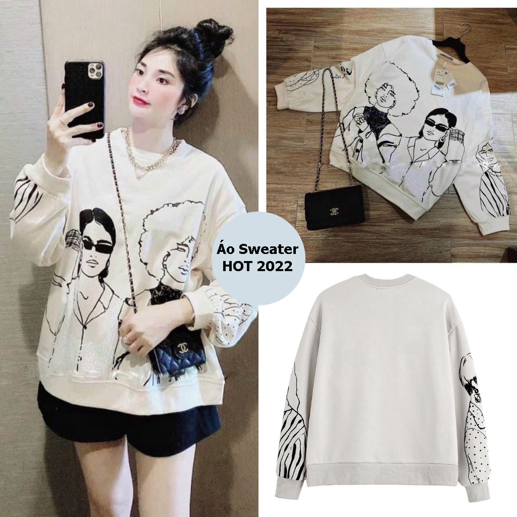 Áo sweater nỉ in hình cô gái aó thu đông nữ from rộng hot hit