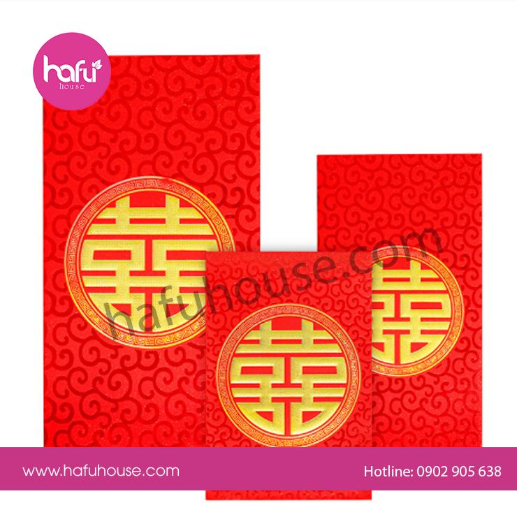 COMBO 10 BAO LÌ XÌ ĐÁM CƯỚI CHỮ HỶ VÀNG NỔI NỀN ĐỎ ÁNH KIM HAFU HOUSE M6