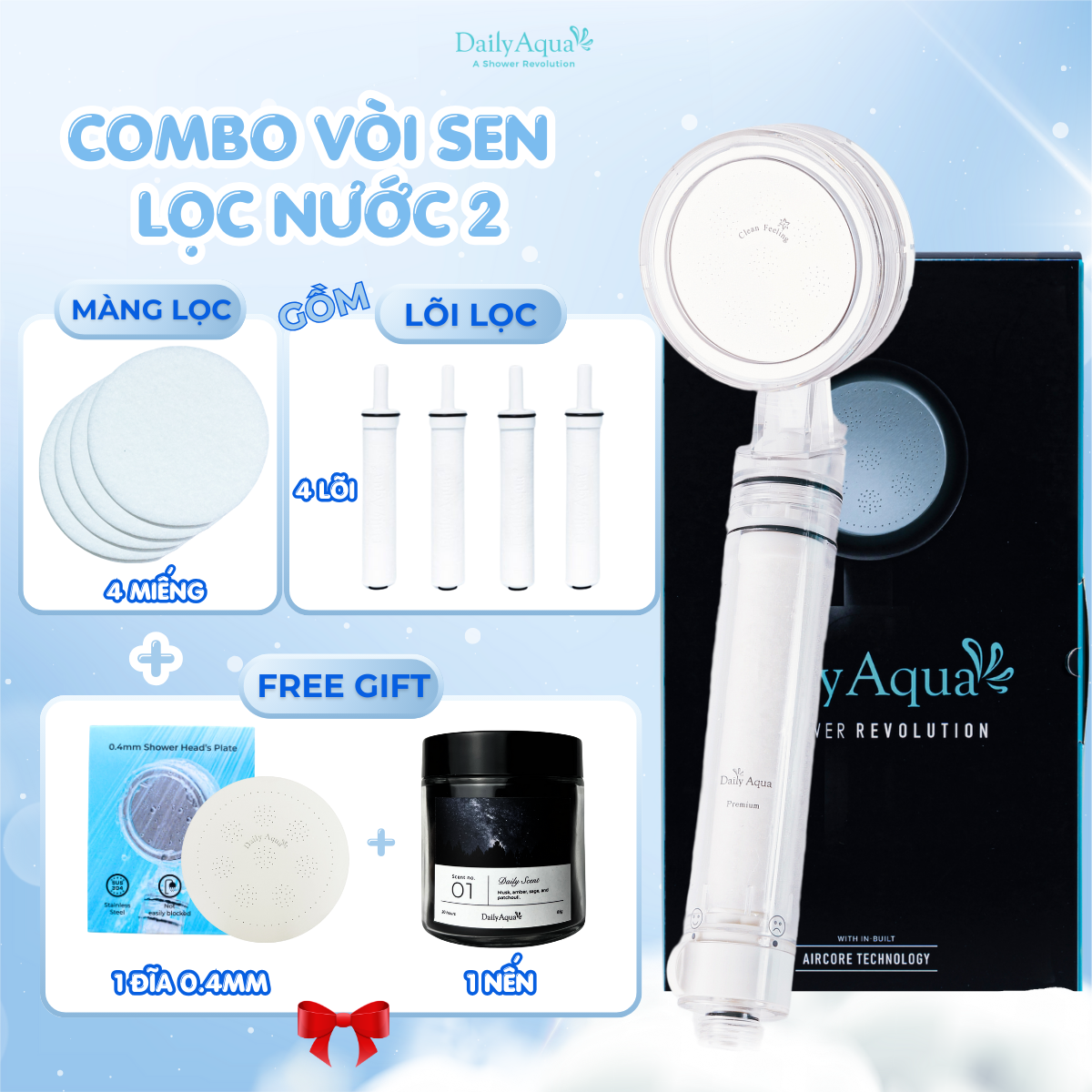 Bộ vòi sen tăng áp lọc nước daily aqua, lọc bụi bẩn vi khuẩn - bộ quà tặng vòi sen kèm lõi lọc