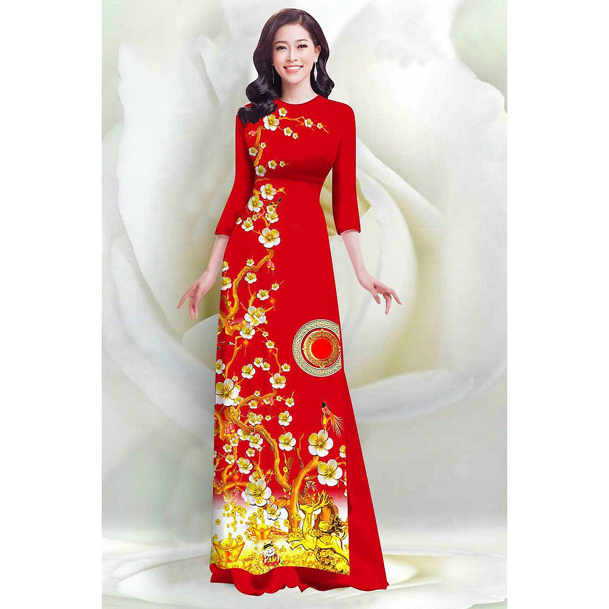 Sét áo dài gấm truyền thống in hoa đào