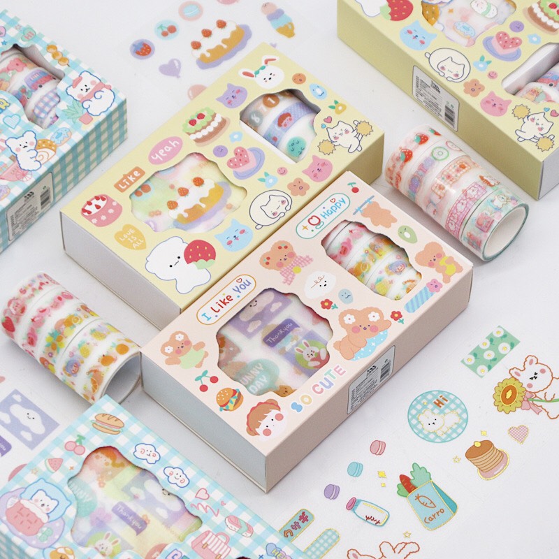 Hộp sticker cute washi tape băng keo trang trí sổ tay Hộp 6 cuộn Washi Tape và 9 Tấm Hình Dán Sticker Dễ Thương
