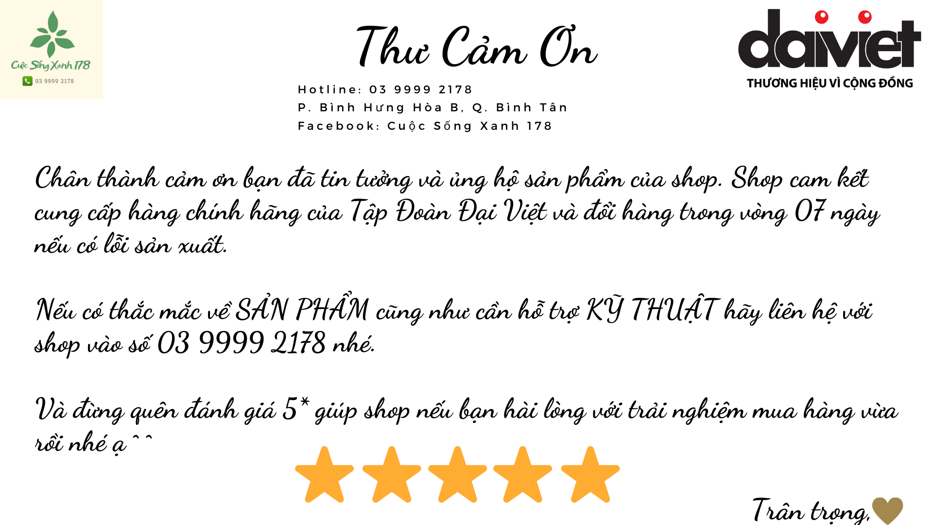 Thư cảm ơn quý khách hàng đã tin tưởng sử dụng sản phẩm của shop