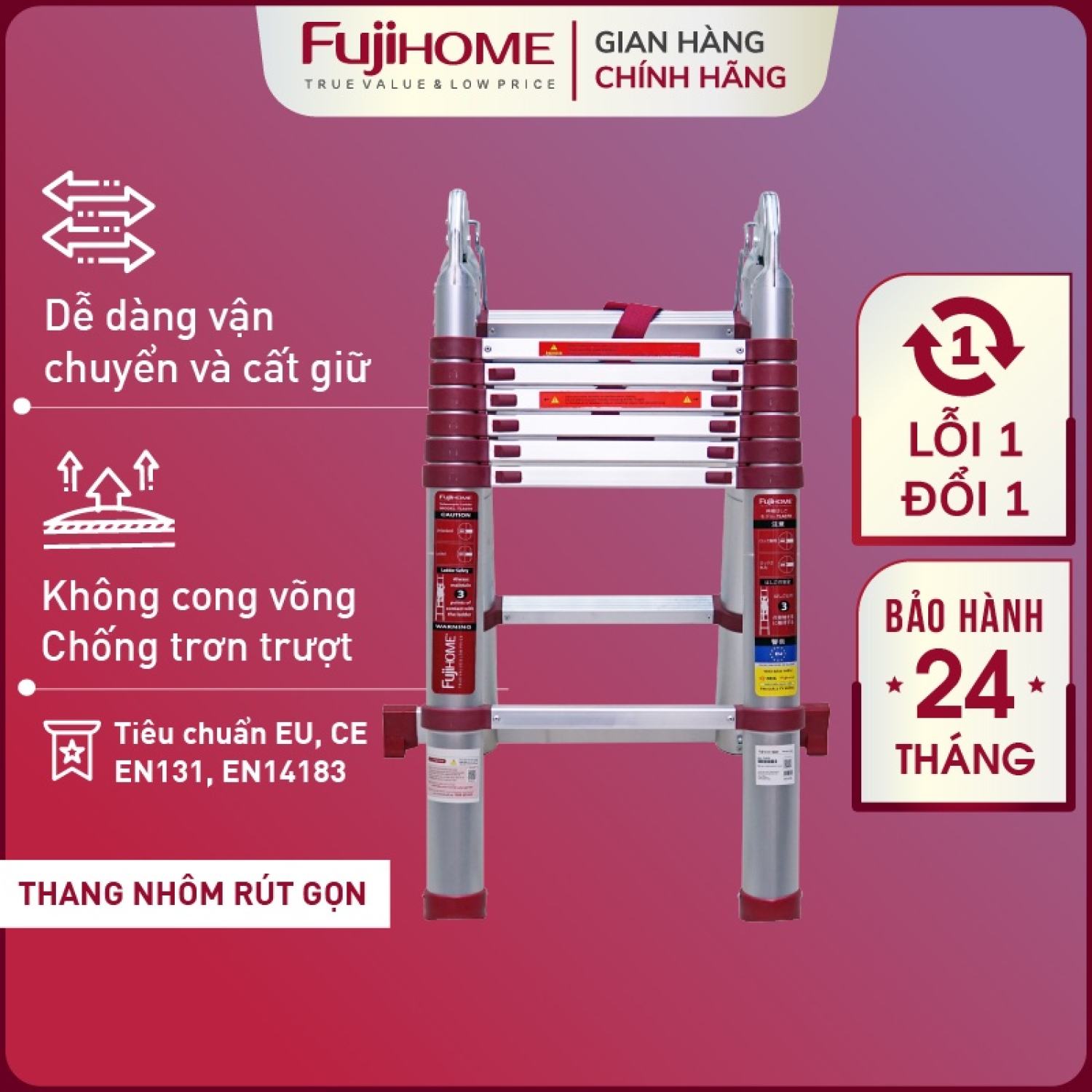 Thang nhôm rút chữ a gấp gọn nhập khẩu 4,4m - 5m chính hãng fujihome, thang rút đôi gia đình xếp gọn đa năng nhật bản