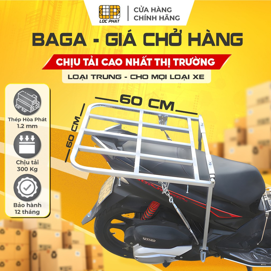 Baga giá chở hàng xe máy Lộc Phát 60x60cm lắp xe Ga &amp; xe Số