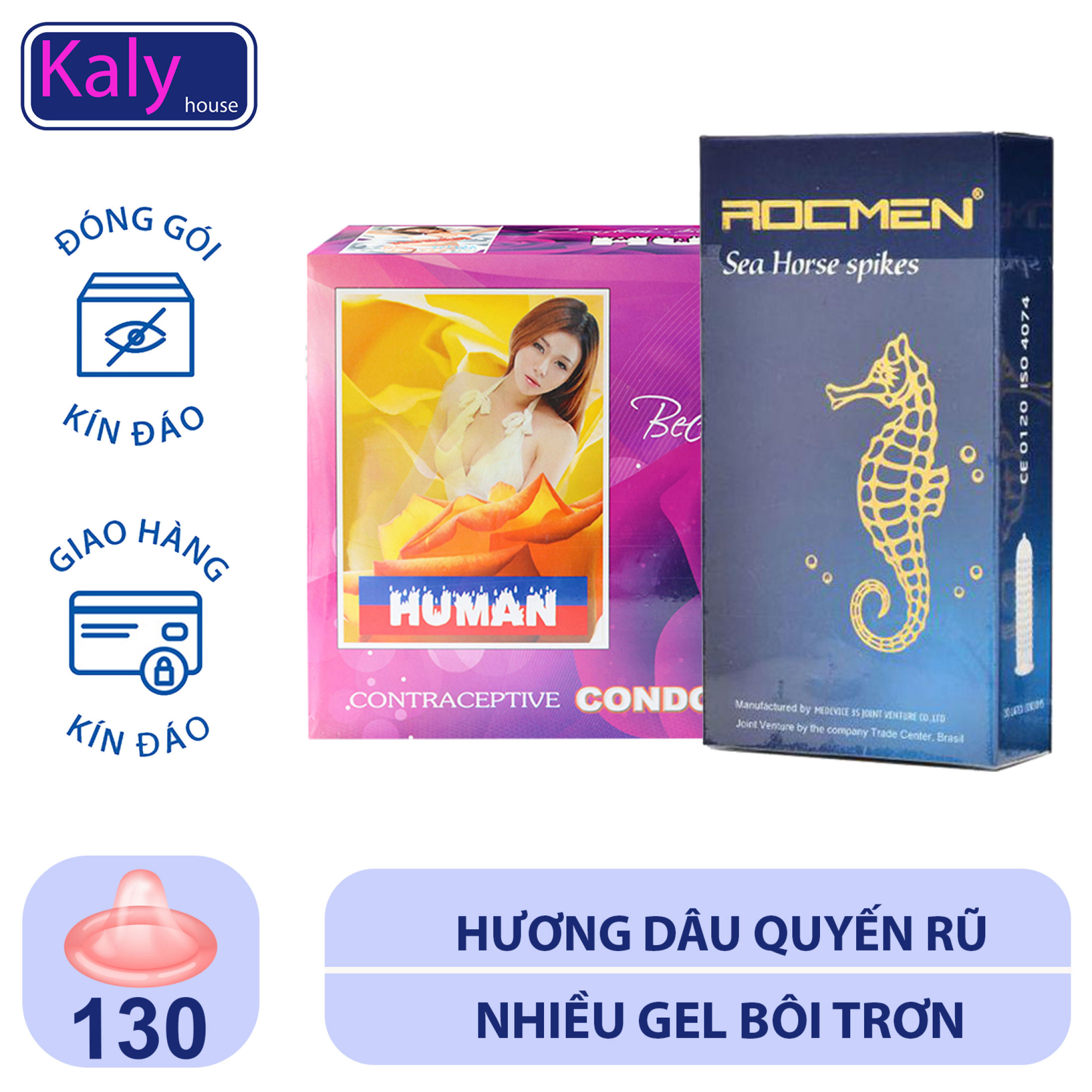 Combo 1 hộp Bao cao su Human (120 chiếc) và 1 hộp bcs Rocman mỏng trơn - kéo dài thời gian (12 chiếc)- từ Kalyhouse