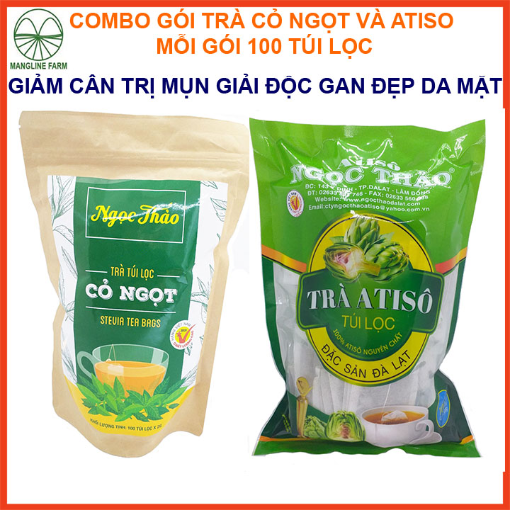 Bộ gói trà atiso và cỏ ngọt Ngọc Thảo Đà Lạt mỗi gói 100 túi lọc giúp giảm cân ngăn ngừa mụn đẹp da mặt