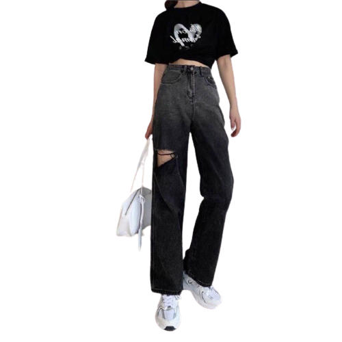 Quần bò ống rộng loang khói trơn và rách.quần jeans ống rộng loang trơn và rách