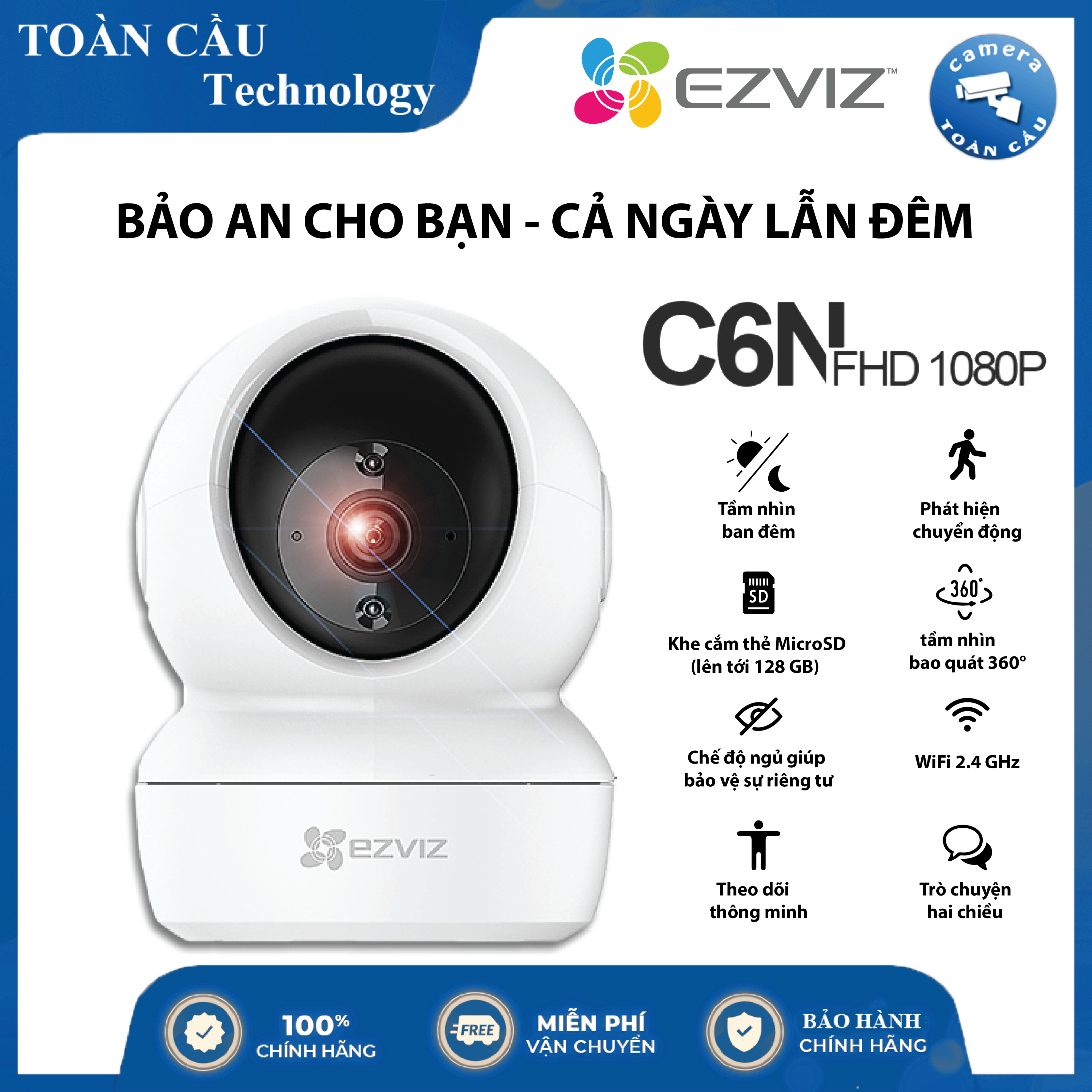 Camera WIFI EZVIZ C6N 2MP Xoay 360 Thông Minh Đàm Thoại 2 Chiều Quay Theo Chuyển Động Camera CSC6N Giám Sát WIFI Không Dây Camera Toàn Cầu