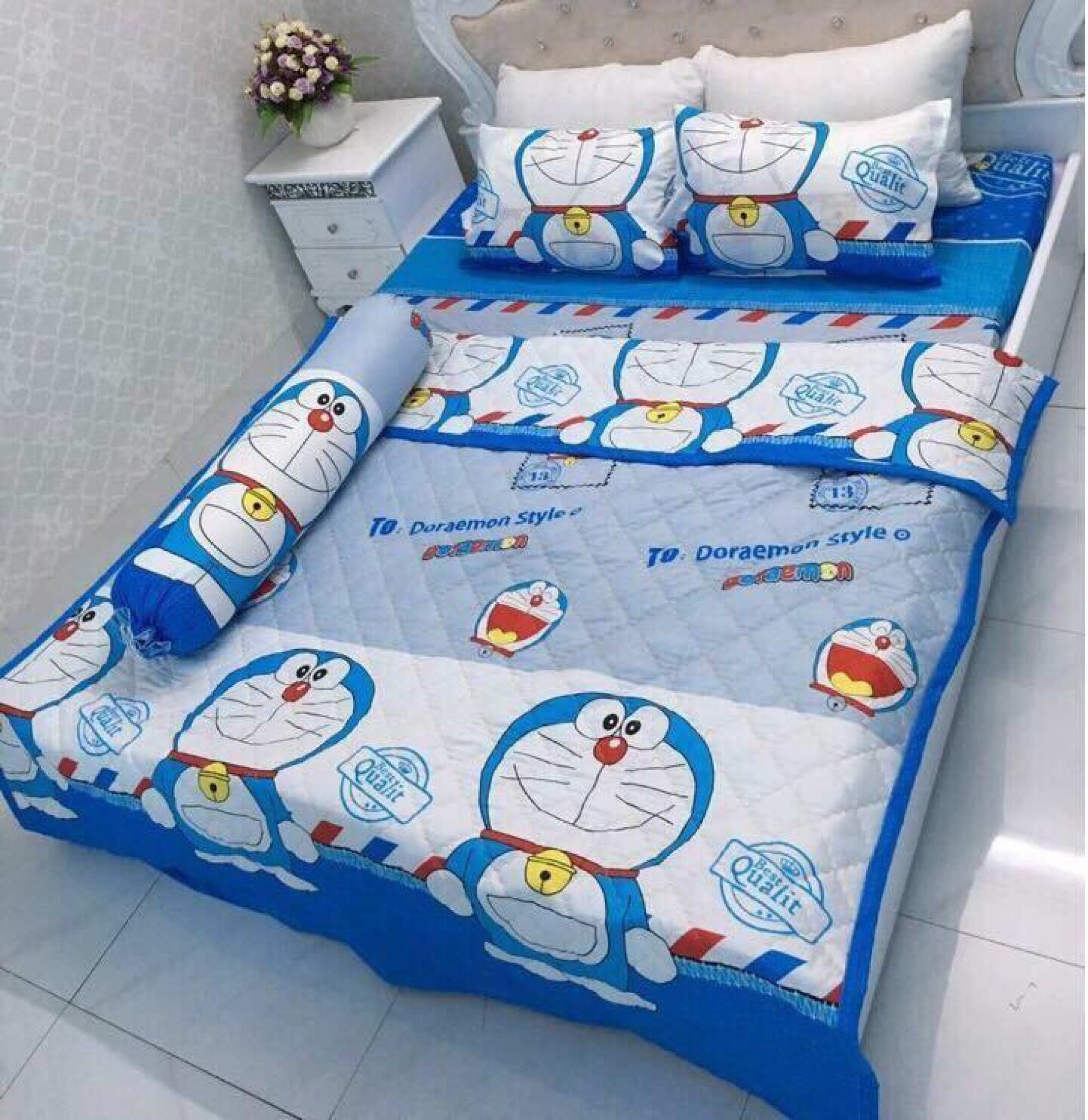 Trọn bộ chăn ga gối combo 5 món đôremon thư - drap ra 5 món doremon